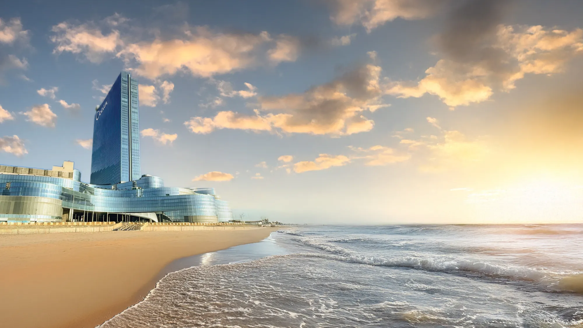 Ocean Casino Resort on Atlantic City beach at sunrise with oceanfront skyline views